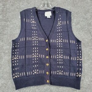 VTG Cristopher & Banks Sweater Vest Mens M Navy Blue Ramie Hand Embroidered